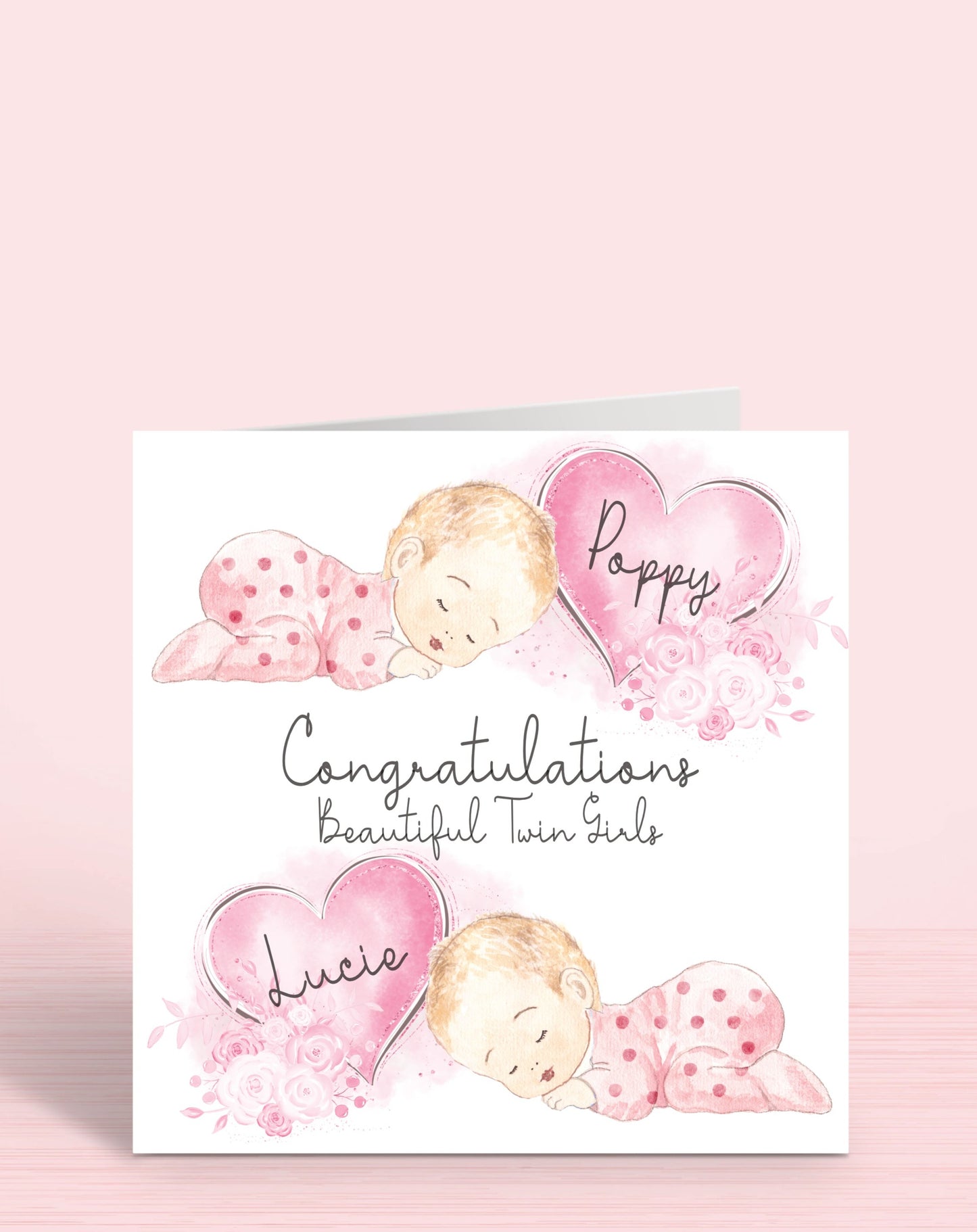 Newborn Baby Twin Girls Congratulations Card (5.75" Square - Pink & Pink) Personalised with Names, Blonde Hair Congratulations Beautiful Twin Girls | Oliver Rose Designs