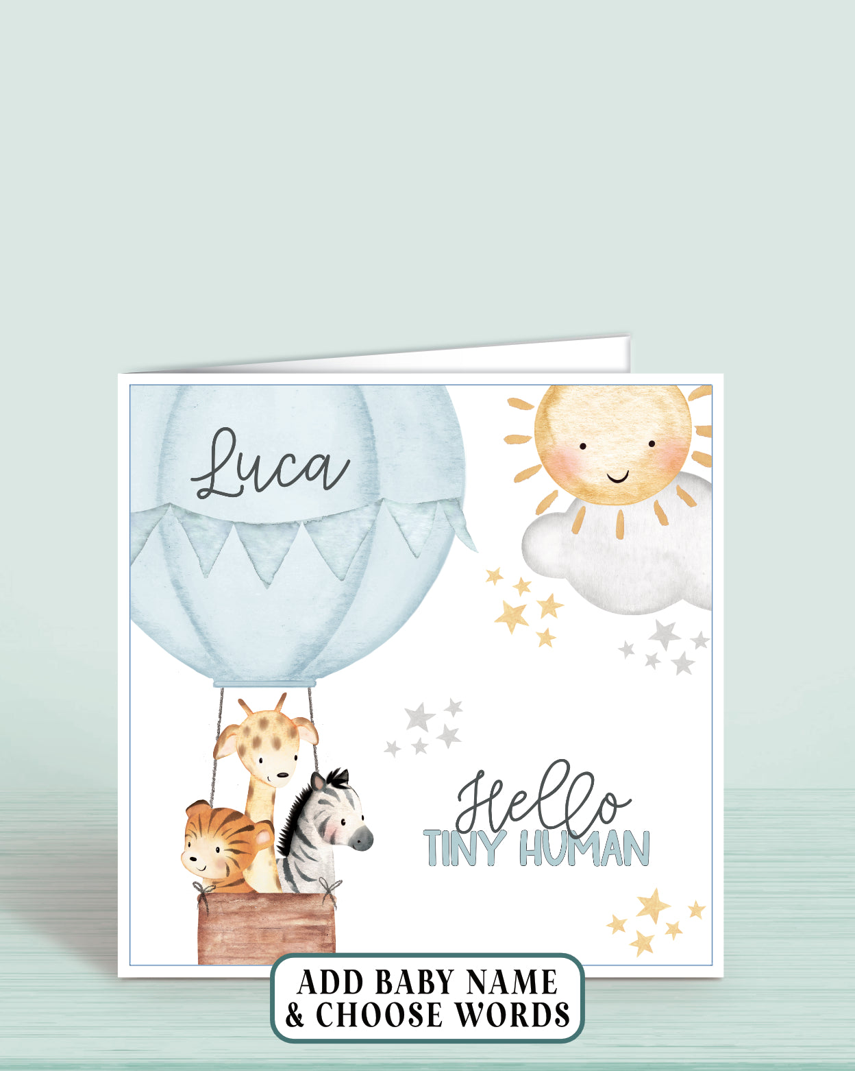 Hot Air-Balloon Personalised New Baby Boy Card in Blue, Hello Tiny Human | Oliver Rose Designs
