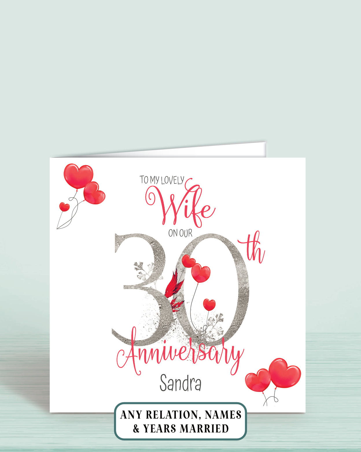 Anniversary card for 30th anniversary with red hearts and floral elements for Wife