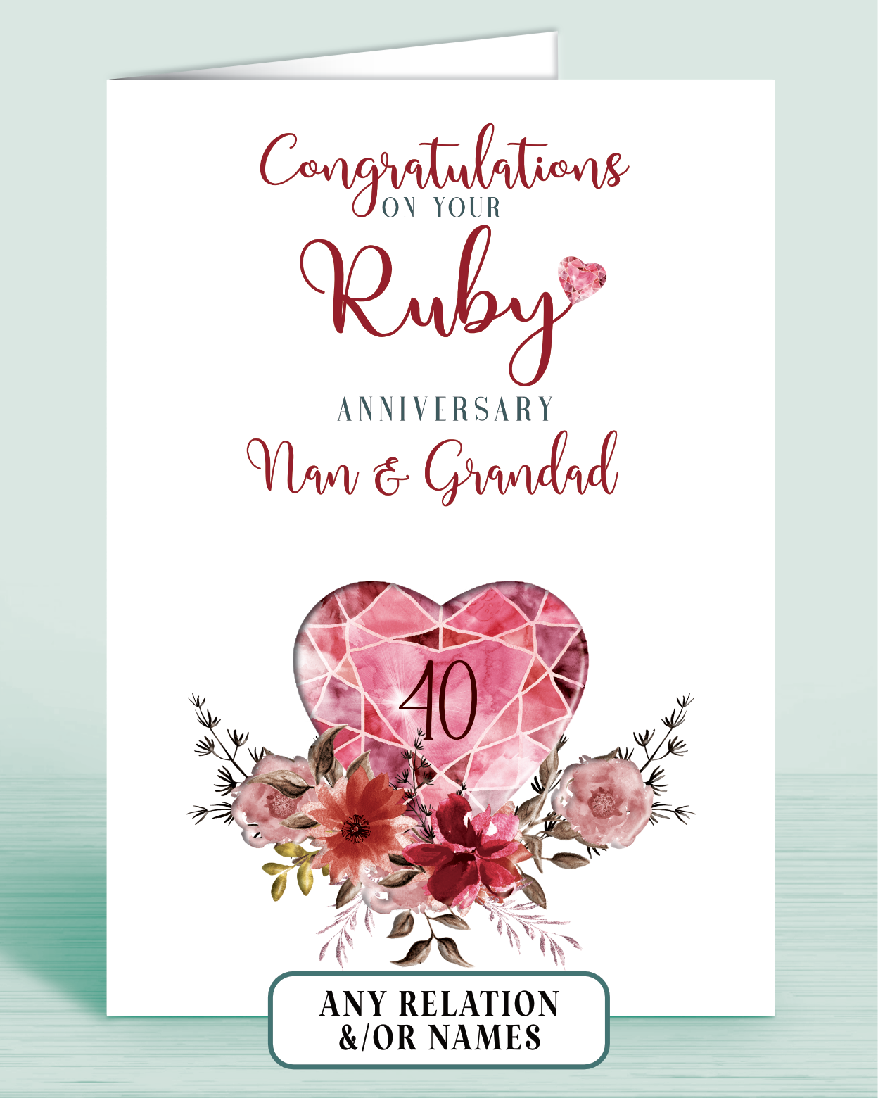 40th Ruby Wedding Anniversary Card for Nan & Grandad, Congratulations on your Ruby Anniversary, personalisation optional | Oliver Rose Designs