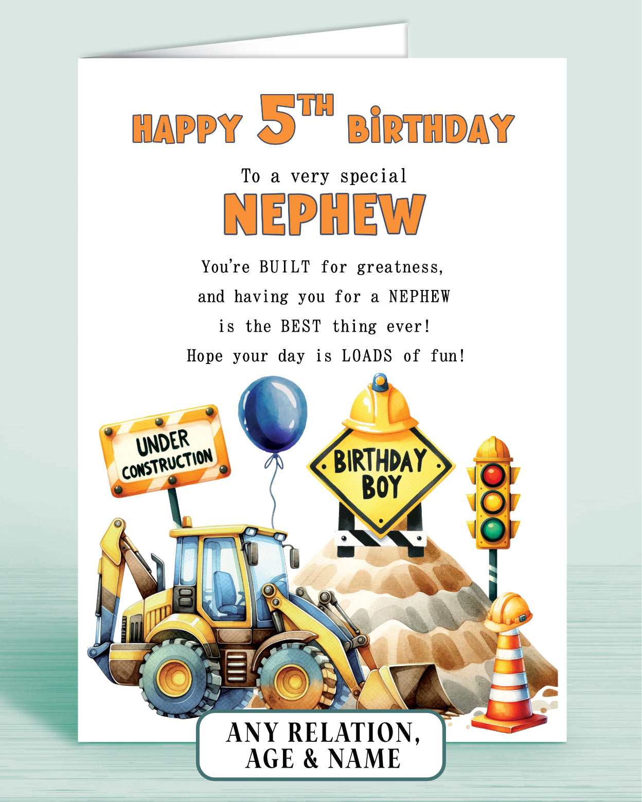 Nephew Birthday Card, Personalised 5th Birthday Card for Boys or Girls, A5 Construction Theme, Digger, Builder Birthday Boy | Oliver Rose Designs
