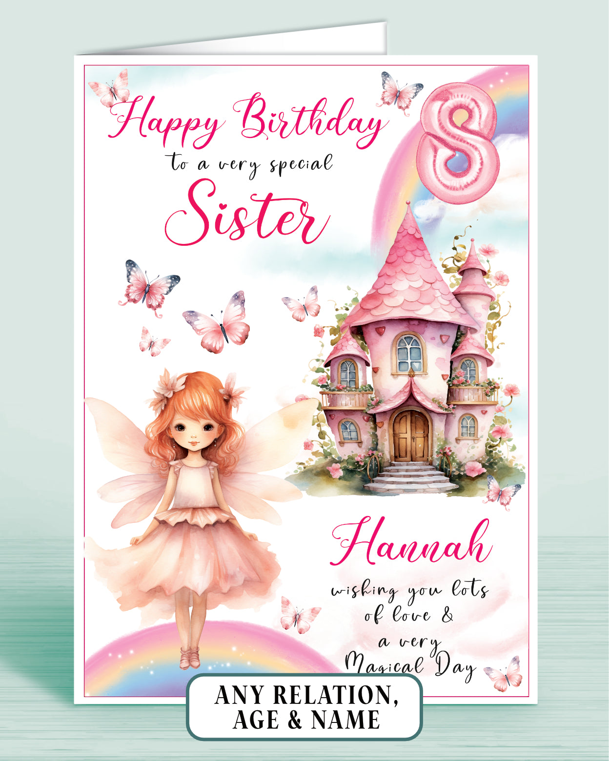 Sister Birthday Card, 8th Birthday Card for Sister, Fairy House, Fairy Door, Personalised with Name. Any Age and Relation RED HAIR | Oliver Rose Designs