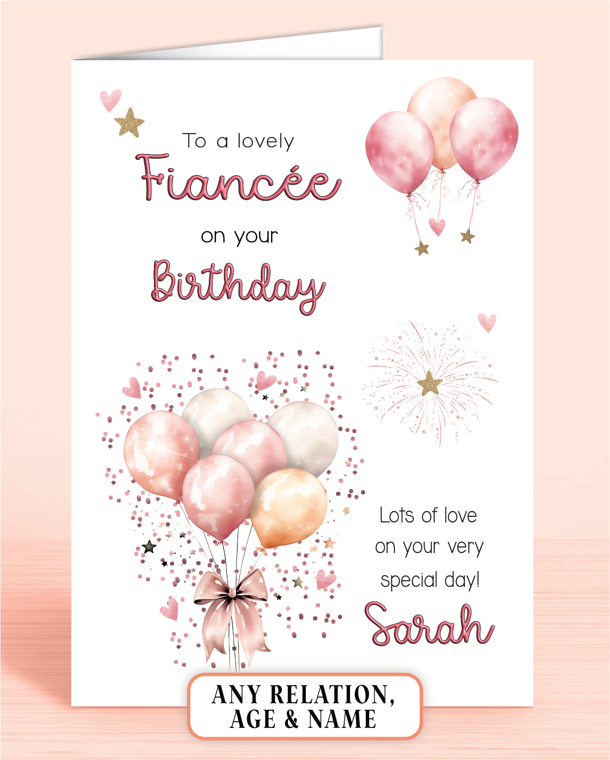 Fiancee Birthday Card, Personalised Birthday Card for Her (approx 6x6 inches, inc envelope) - Oliver Rose Designs
