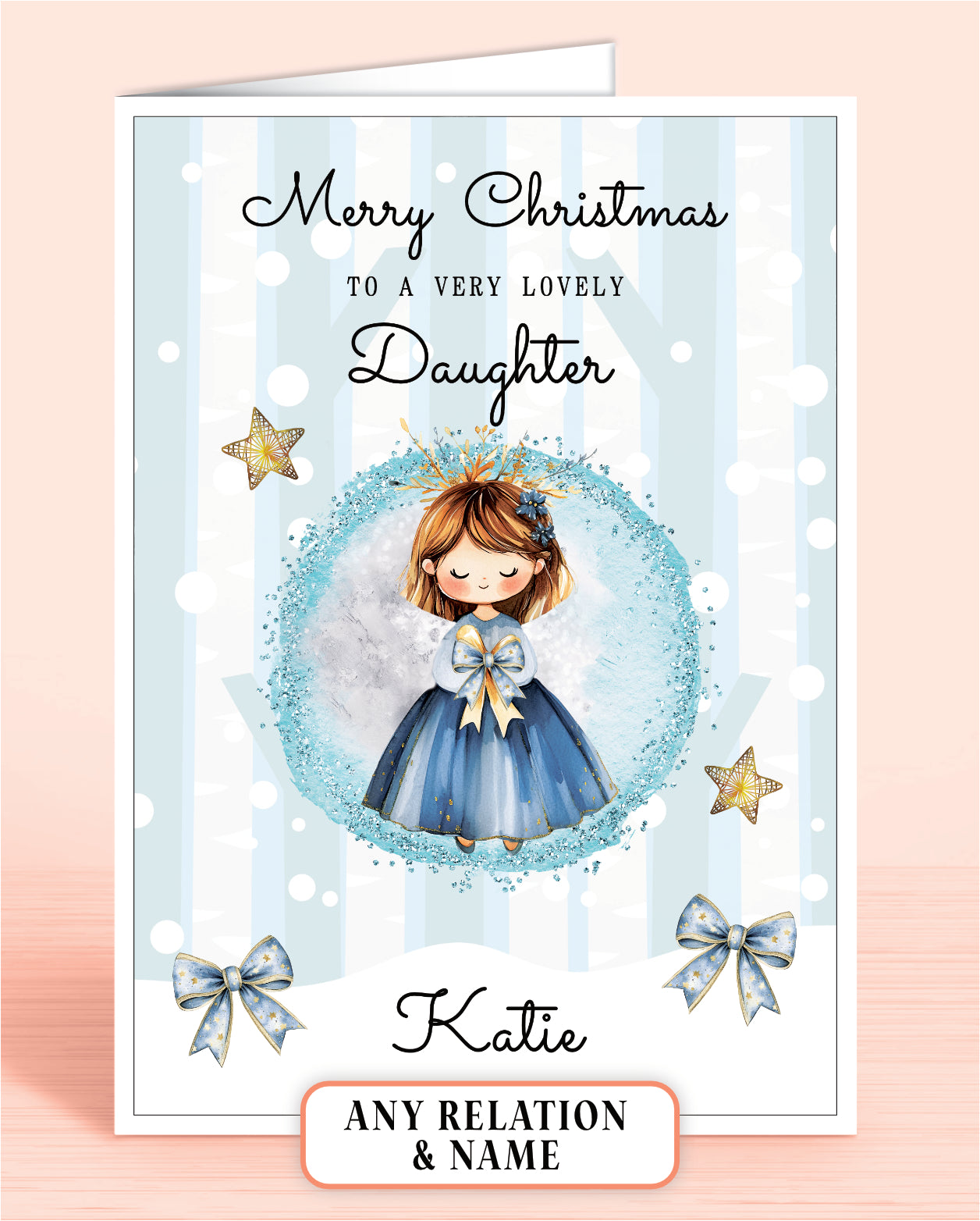 Personalised Christmas card for a very lovely Daughter with a girl holding a bow, stars, and blue bows on a light blue snowy background.