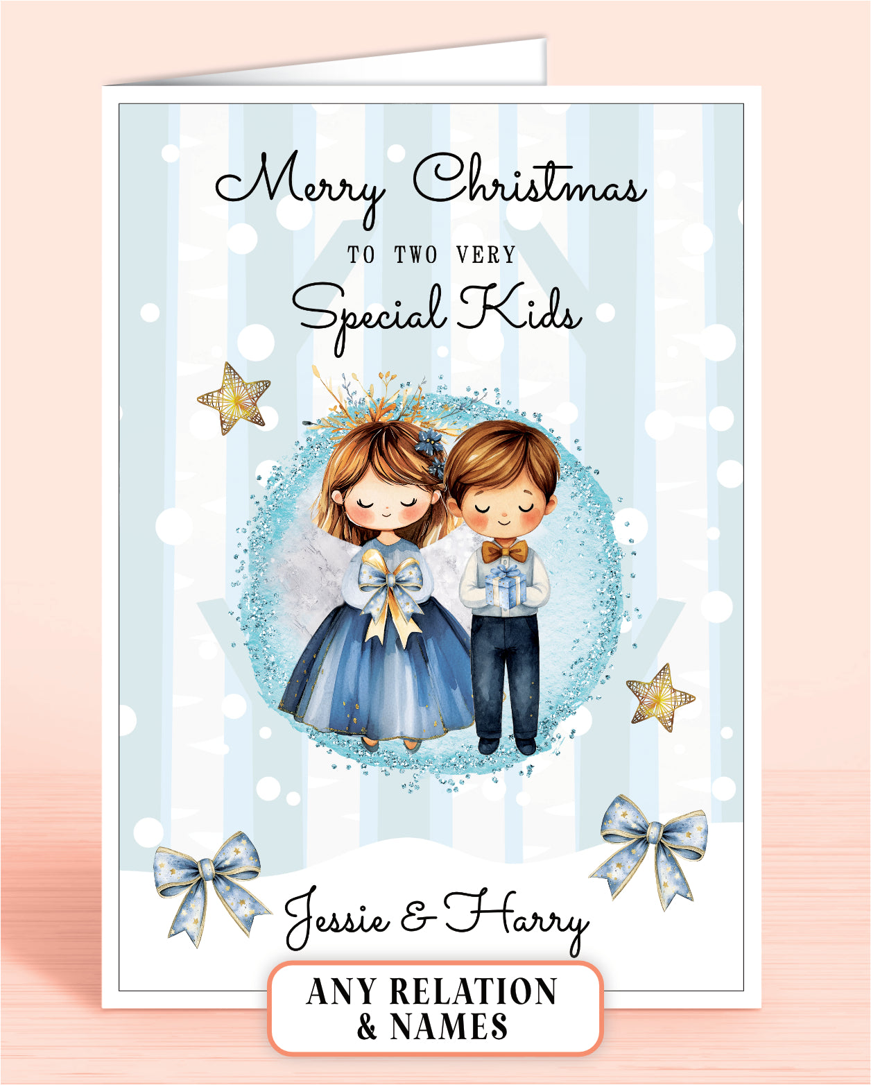 Personalised Christmas card to two very special kids with a girl & boy holding a bow & gift, stars, and blue bows on a light blue snowy background.
