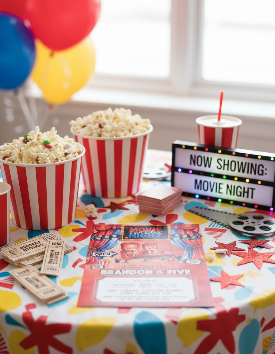 Red movie night birthday party invitation for cinema themed birthday party with styled background for illustration purposes only.