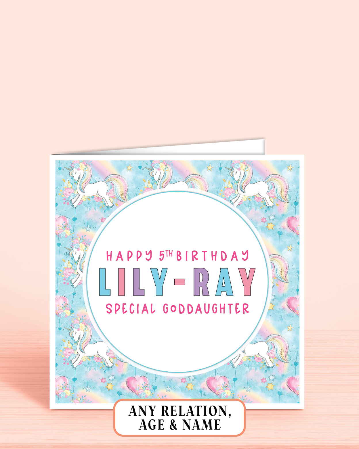 Goddaughter Birthday card with unicorns and rainbow design on a light blue background