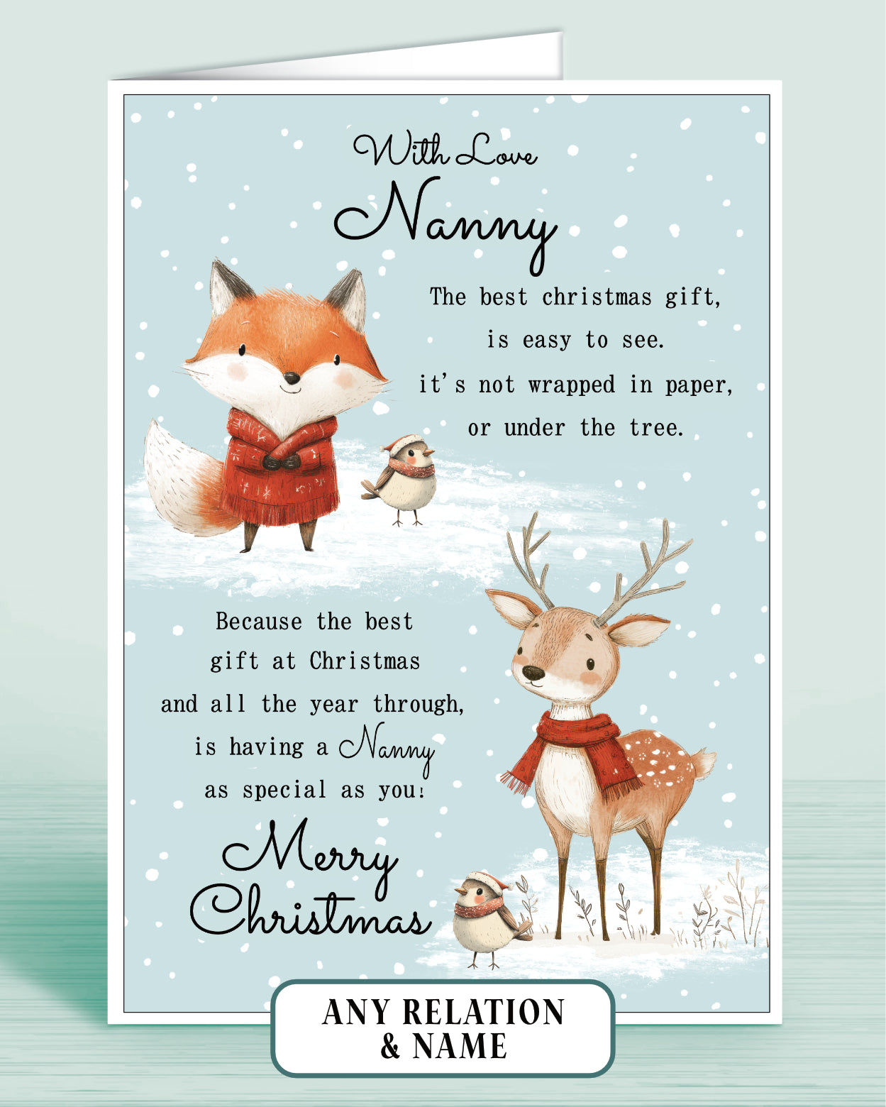 Nanny Personalised Christmas card with fox, deer, and robins on a light blue snowy background