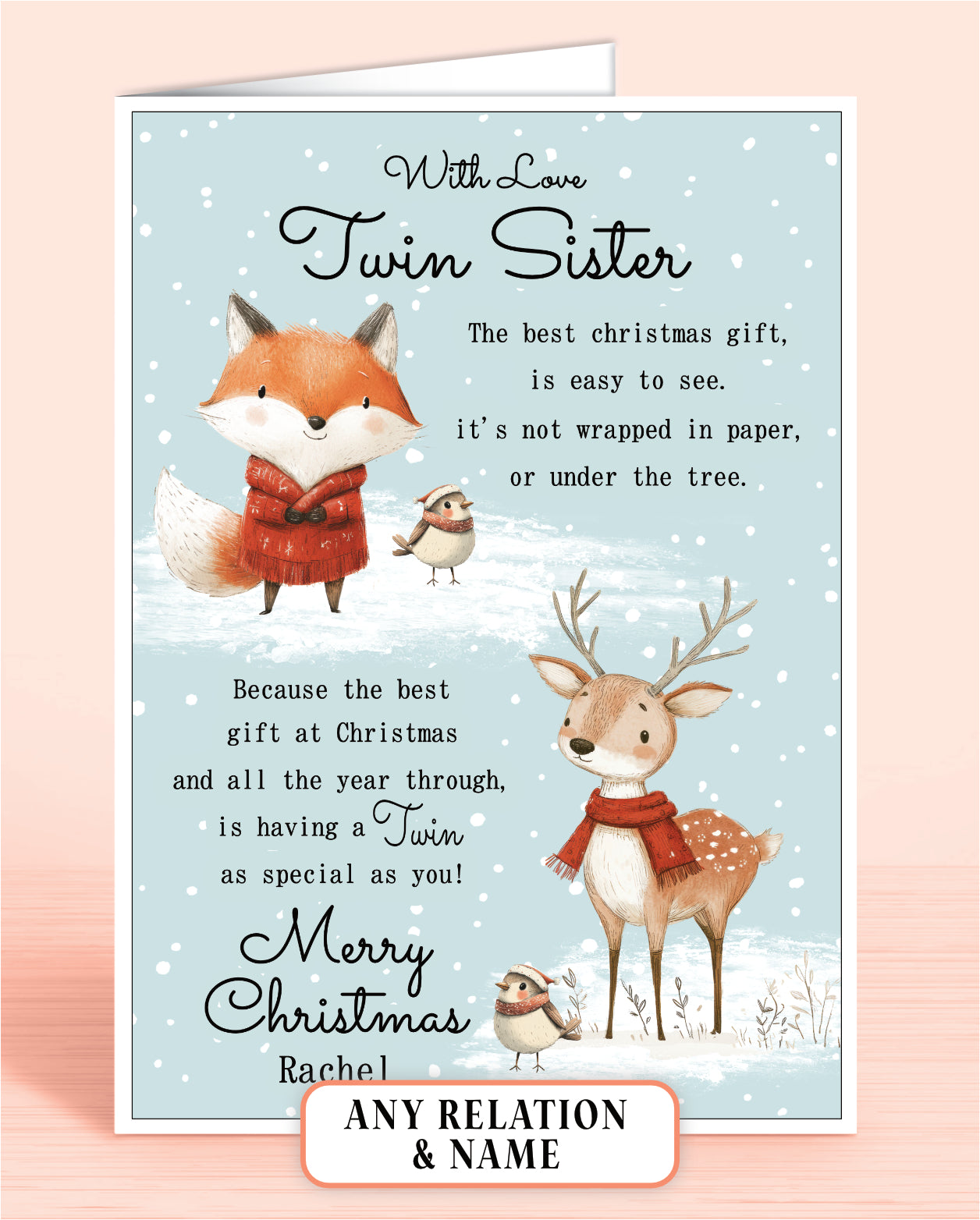 Twin Sister Personalised Christmas card with fox, deer, and robins on a light blue snowy background