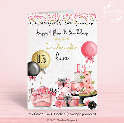 Glam Pink & Black Birthday Card, 15th Birthday Card, Granddaughter Birthday Card, Personalised Birthday Card | Oliver Rose Designs