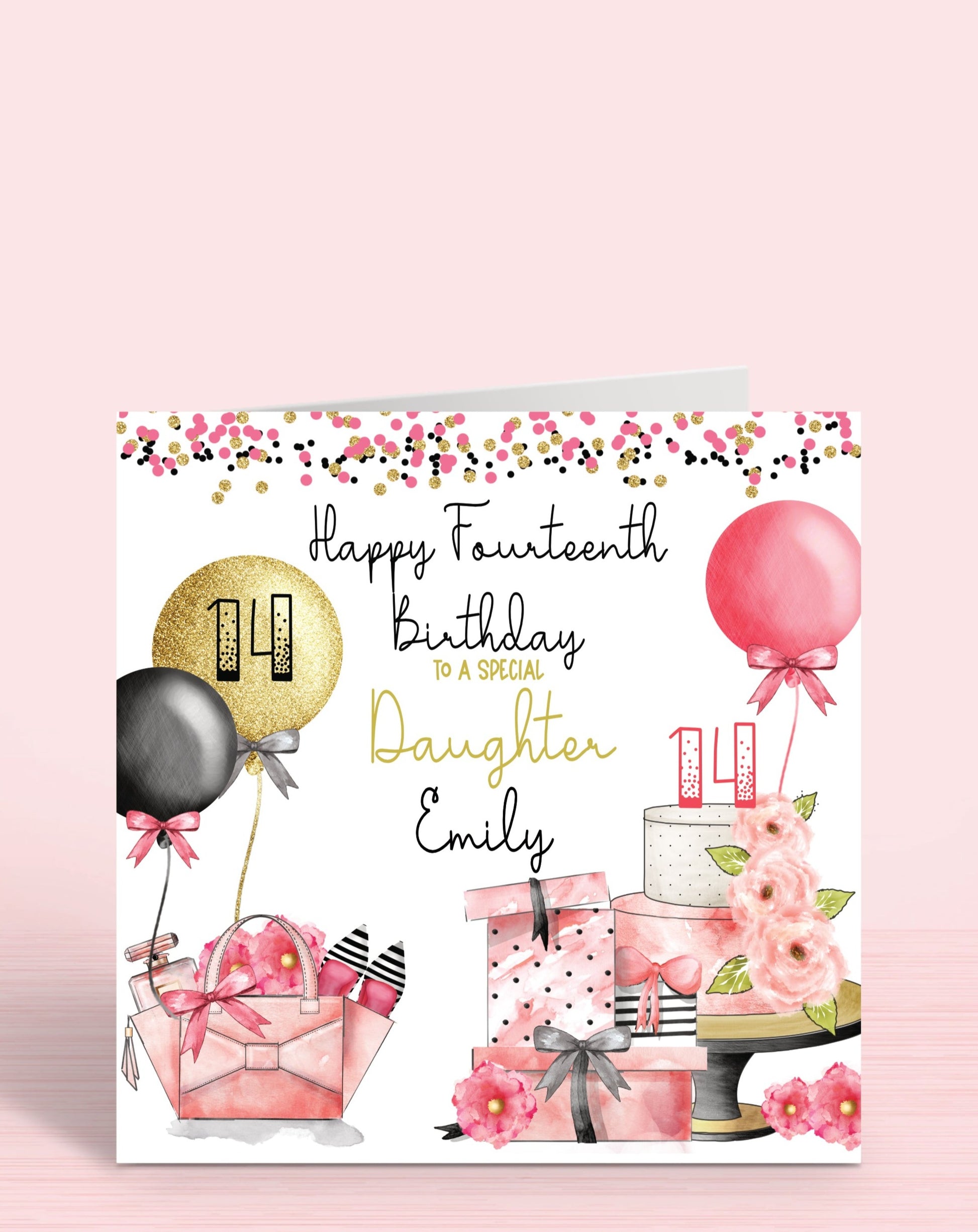 Goddaughter Birthday Card, Personalised 14th Birthday Card, Any Age, Any Relation, Add a Name. Pink, Black & Gold Effect | Oliver Rose Designs