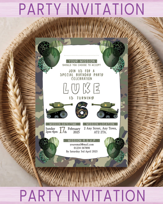 Kids Army Tank Party invitations for a military themed birthday Party Celebration. Pack sizes available: 10, 20, 30.
