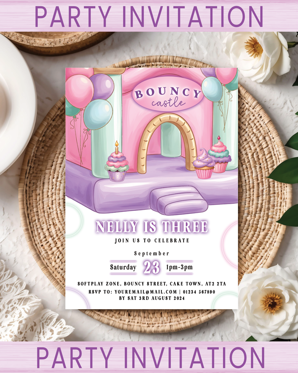 Kids Party invitations for a birthday celebration with a bouncy castle design in pink, green & purple. Pack sizes available: 10, 20, 30.