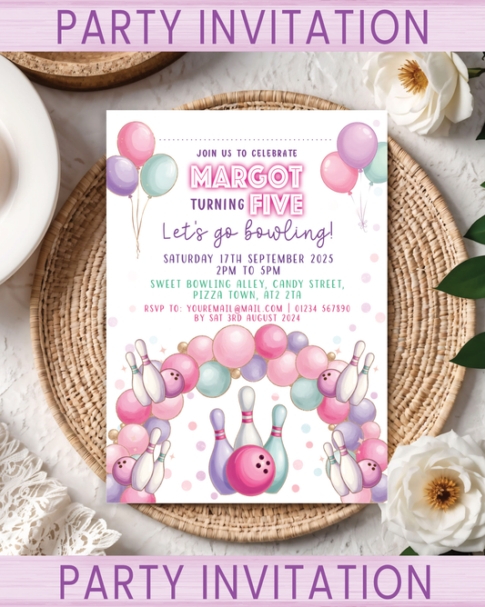 Kids Party invitations for a birthday celebration with a ten-pin bowling design in pink, green & purple. Pack sizes available: 10, 20, 30.