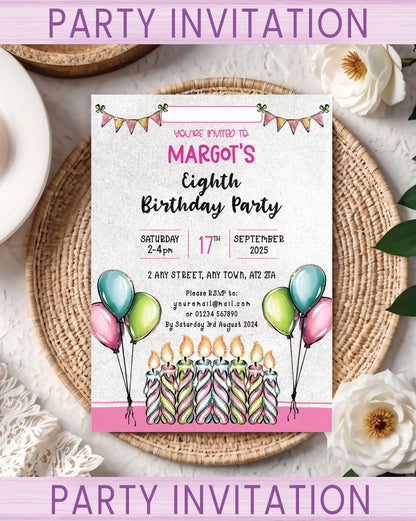 Kids Party invitations for a birthday celebration with a birthday candles design in pink. Pack sizes available: 10, 20, 30.