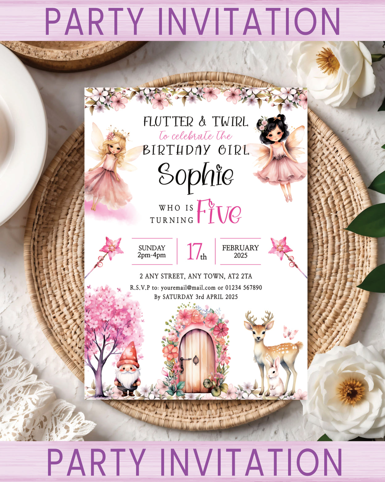 Kids Party invitations for a birthday celebration with a pink fairy design. Pack sizes available: 6, 10, 20, 30.