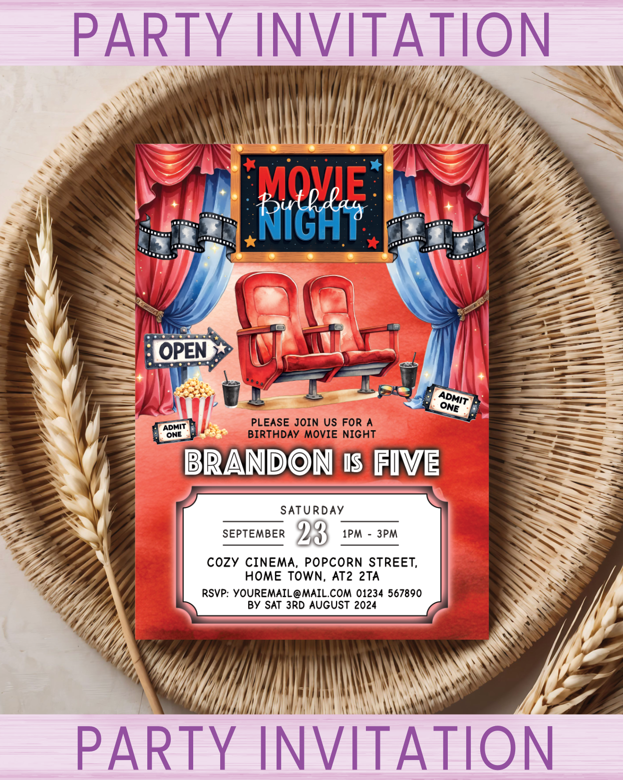 Kids Movie Night Birthday Party invitations for a cinema or movie night themed birthday Party Celebration. Red & Blue. Pack sizes available: 10, 20, 30.