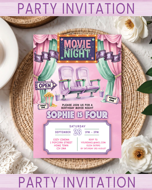 Kids Movie Night Birthday Party invitations for a cinema or movie night themed birthday Party Celebration. Pink, Purple & Green. Pack sizes available: 10, 20, 30.