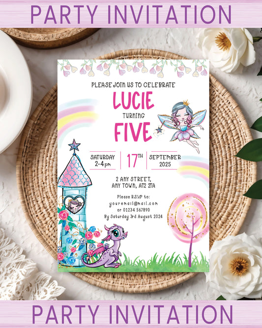 Kids Party invitations for a birthday celebration with fairy and dragon design in pink & purple. Pack sizes available: 10, 20, 30.