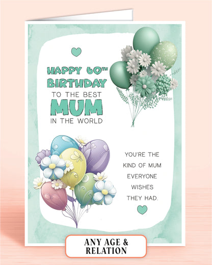 Mum Birthday Card for Mum or any other relation. 60th Birthday Card for Women. Female Birthday Card. Floral Green, A5 8x6 inches | Oliver Rose Designs