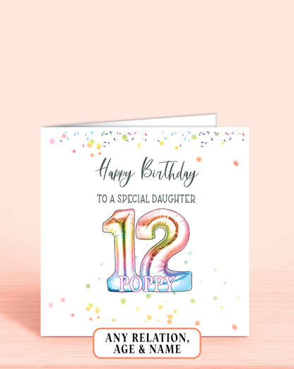 Daughter Birthday Card, Personalised 12th Birthday Card for Daughter, Age 12 Rainbow Effect Birthday Card | Oliver Rose Designs