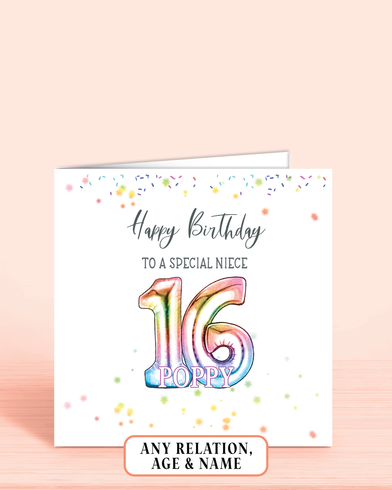 Niece Birthday Card, Personalised 16th Birthday Card for Niece, Age 16 Rainbow Effect Birthday Card | Oliver Rose Designs