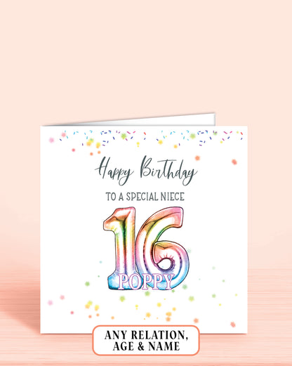 Niece Birthday Card, Personalised 16th Birthday Card for Niece, Age 16 Rainbow Effect Birthday Card | Oliver Rose Designs
