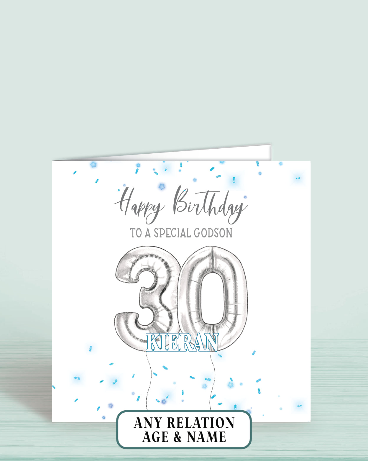 Godson Birthday Card, 30th Birthday Card, Blue & Silver Effect Birthday Card, Any Age, Any Relation & Add A Name | Oliver Rose Designs