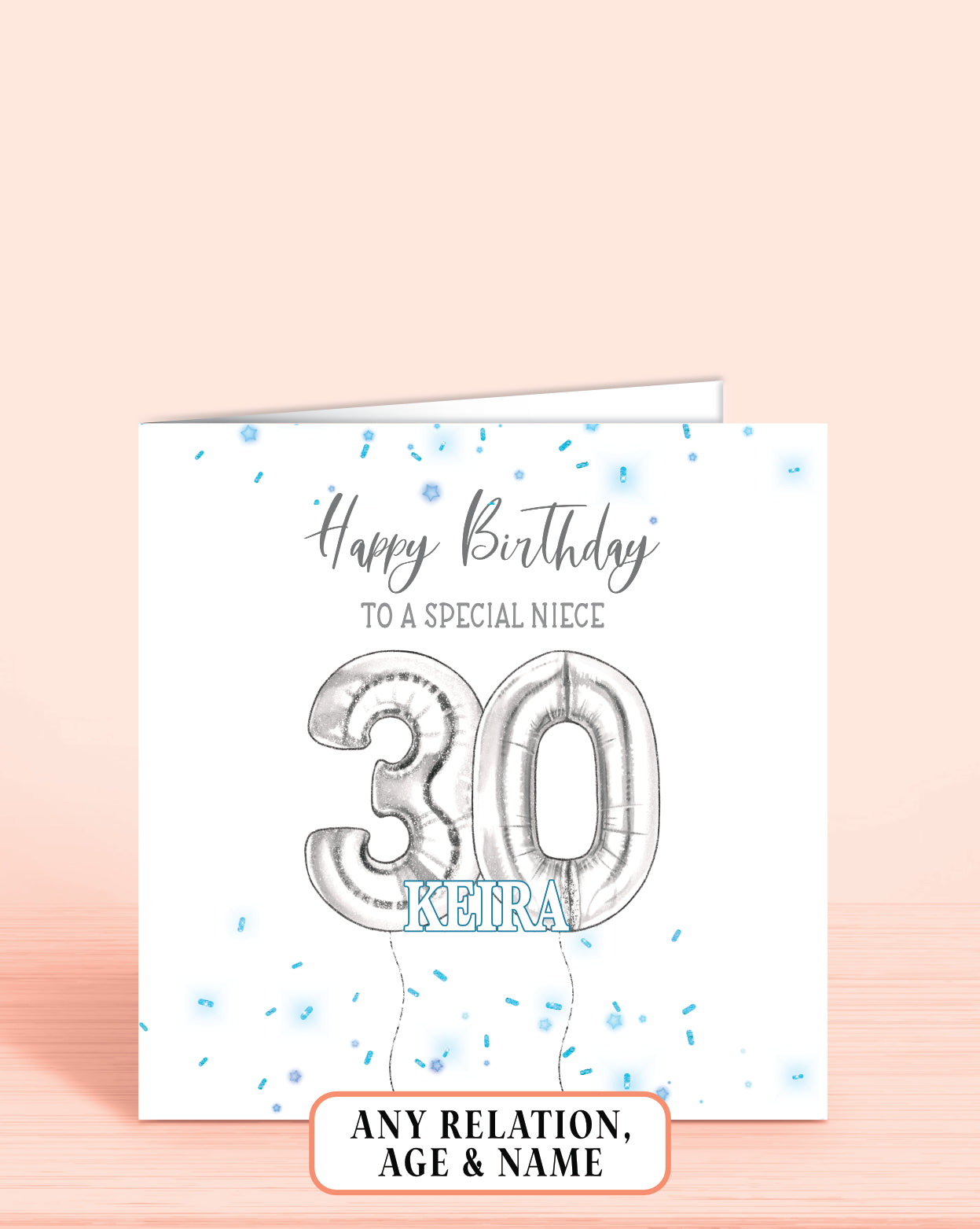 Niece Birthday Card, 30th Birthday Card, Blue & Silver Effect Birthday Card, Any Age, Any Relation & Add A Name | Oliver Rose Designs