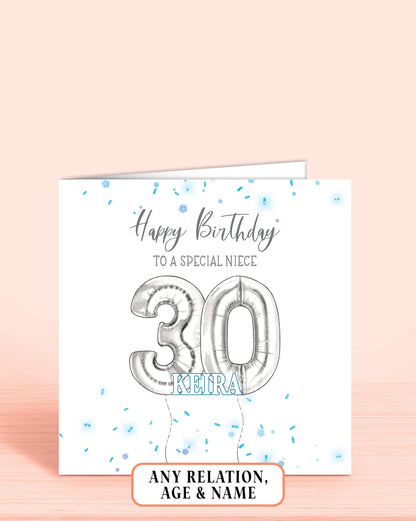 Niece Birthday Card, 30th Birthday Card, Blue & Silver Effect Birthday Card, Any Age, Any Relation & Add A Name | Oliver Rose Designs