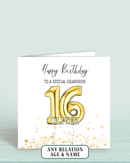 Grandson Birthday Card, 16th Birthday Card for Him, Personalised Gold Printed Effect Birthday Card, Any Age, Any Relation | Oliver Rose Designs