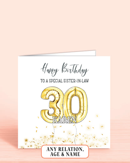 Sister-in-law Birthday Card, 30th Birthday Card for Her, Personalised Gold Printed Effect Birthday Card, Any Age, Any Relation | Oliver Rose Designs
