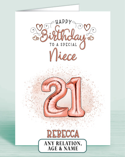 21st Birthday Card, Niece Birthday Card, Personalised Birthday Card for Her (approx 6x6 inches, inc envelope) - Oliver Rose Designs