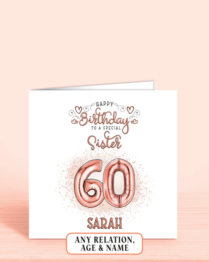 60th Birthday Card, Sister Birthday Card, Personalised Birthday Card for Her (approx 6x6 inches, inc envelope) - Oliver Rose Designs