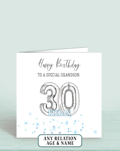 Grandson Birthday Card, 30th Birthday Card, Blue & Silver Effect Birthday Card, Any Age, Any Relation & Add A Name | Oliver Rose Designs