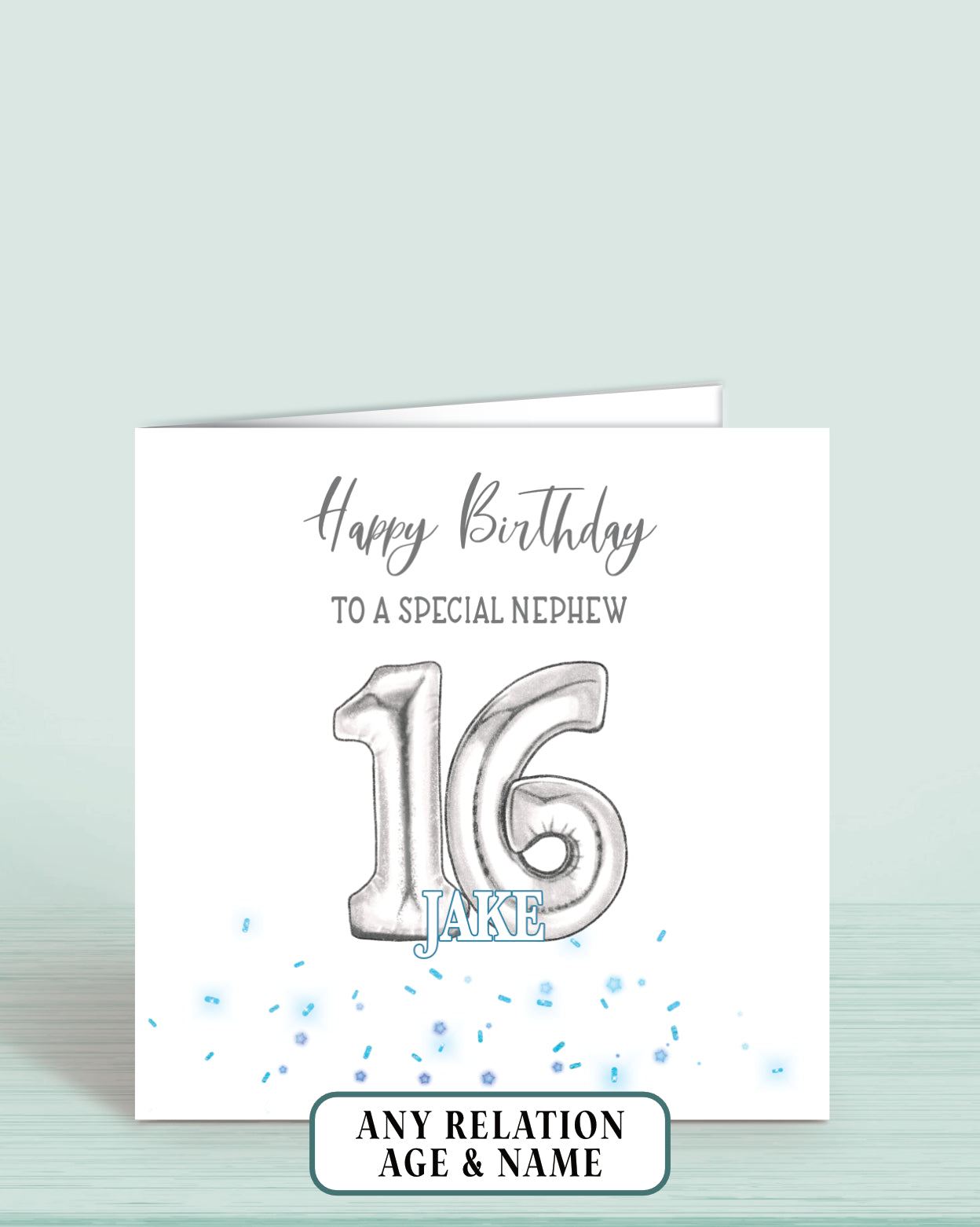 Nephew Birthday Card, 16th Birthday Card, Blue & Silver Effect Birthday Card, Any Age, Any Relation & Add A Name | Oliver Rose Designs