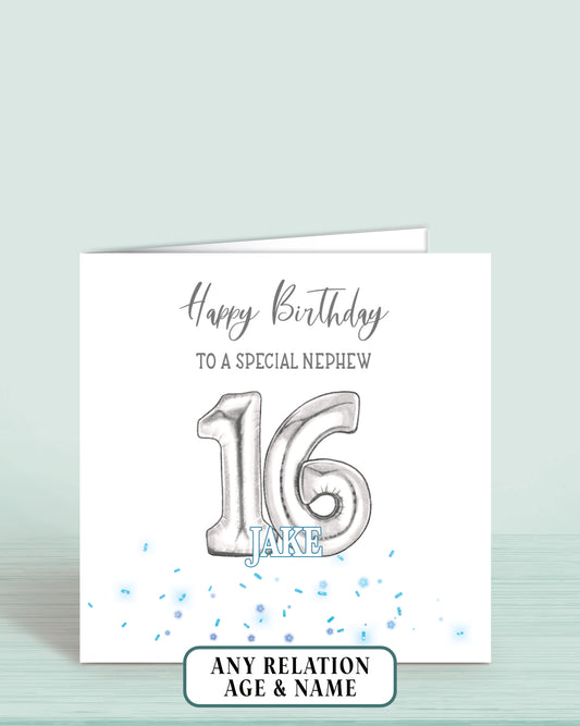 Nephew Birthday Card, 16th Birthday Card, Blue & Silver Effect Birthday Card, Any Age, Any Relation & Add A Name | Oliver Rose Designs