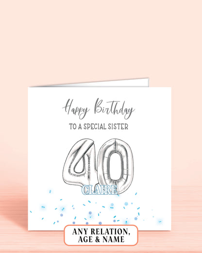 Sister Birthday Card, 40th Birthday Card, Blue & Silver Effect Birthday Card, Any Age, Any Relation & Add A Name | Oliver Rose Designs