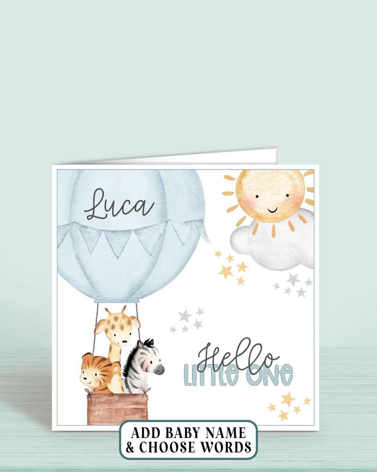 Hot Air-Balloon Personalised New Baby Boy Card in Blue, Hello Little One | Oliver Rose Designs