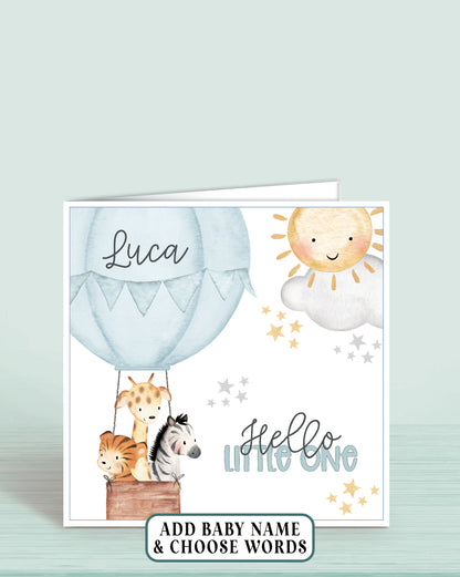 Hot Air-Balloon Personalised New Baby Boy Card in Blue, Hello Little One | Oliver Rose Designs