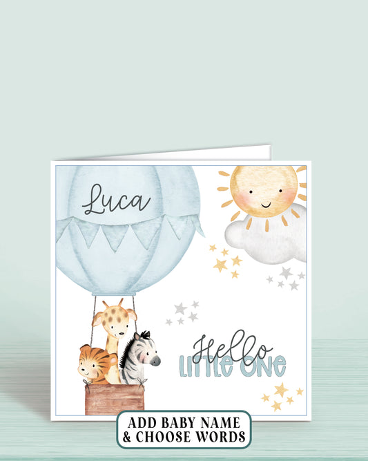 Hot Air-Balloon Personalised New Baby Boy Card in Blue, Hello Little One | Oliver Rose Designs