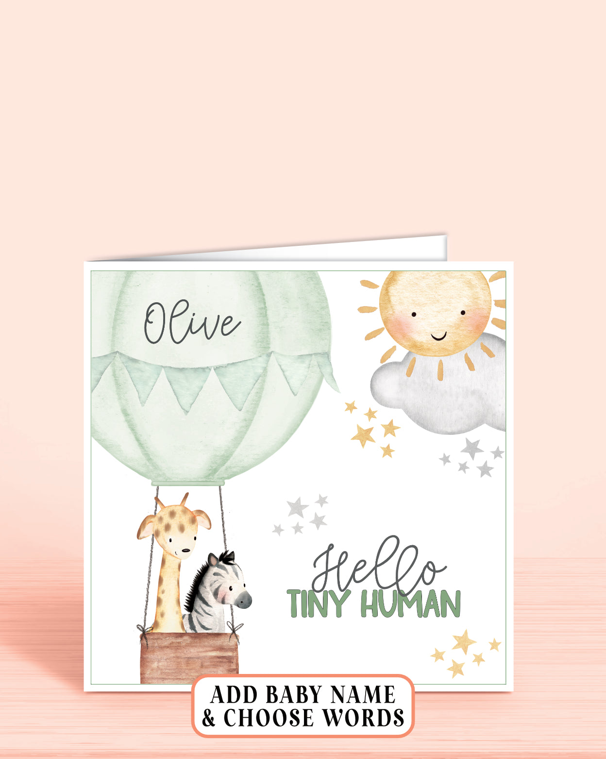 Hot Air-Balloon Personalised New Baby Boy or Girl Card in Green, Hello Tiny Human | Oliver Rose Designs