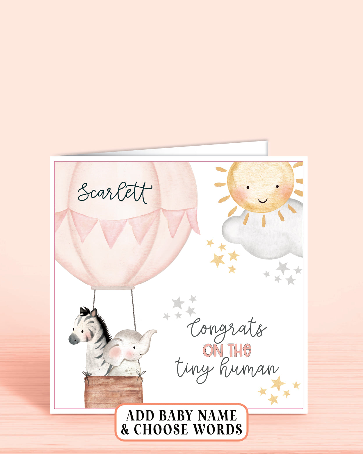 Hot Air-Balloon Personalised New Baby Girl Card in Pink, Congrats on the Tiny Human | Oliver Rose Designs