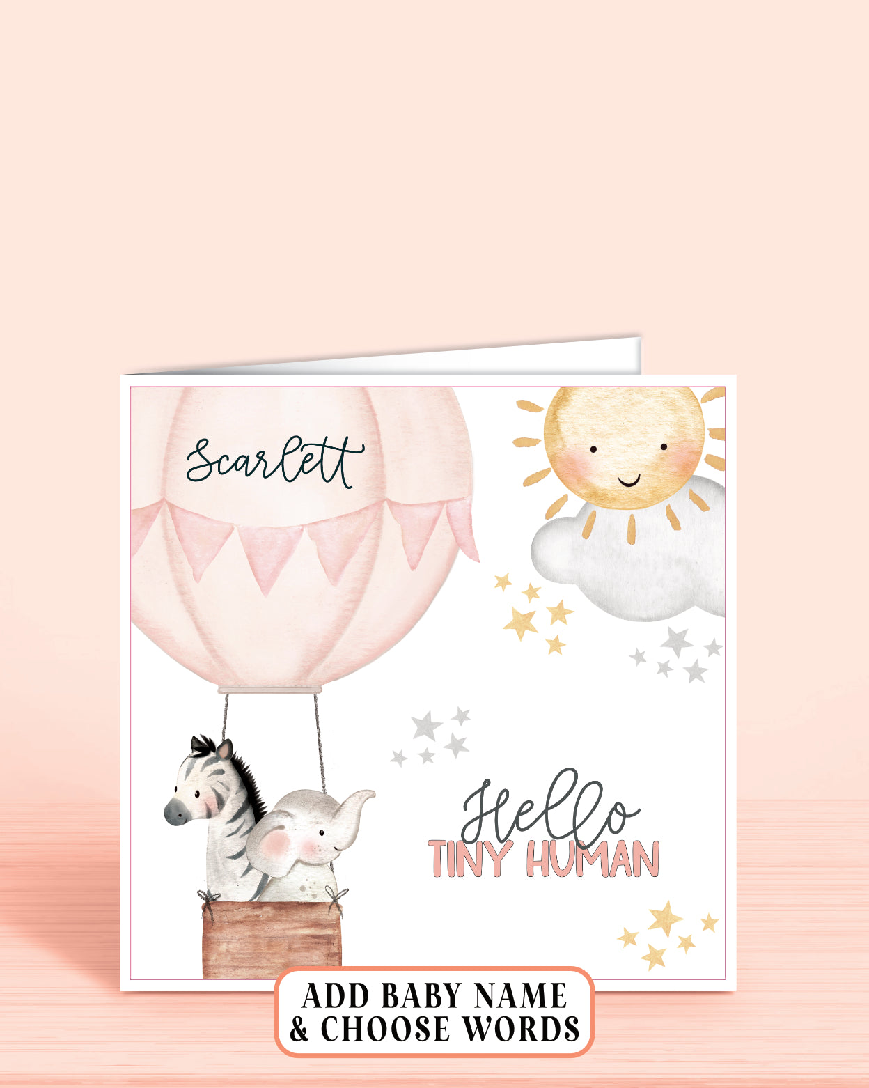 Hot Air-Balloon Personalised New Baby Girl Card in Pink, Hello Tiny Human | Oliver Rose Designs