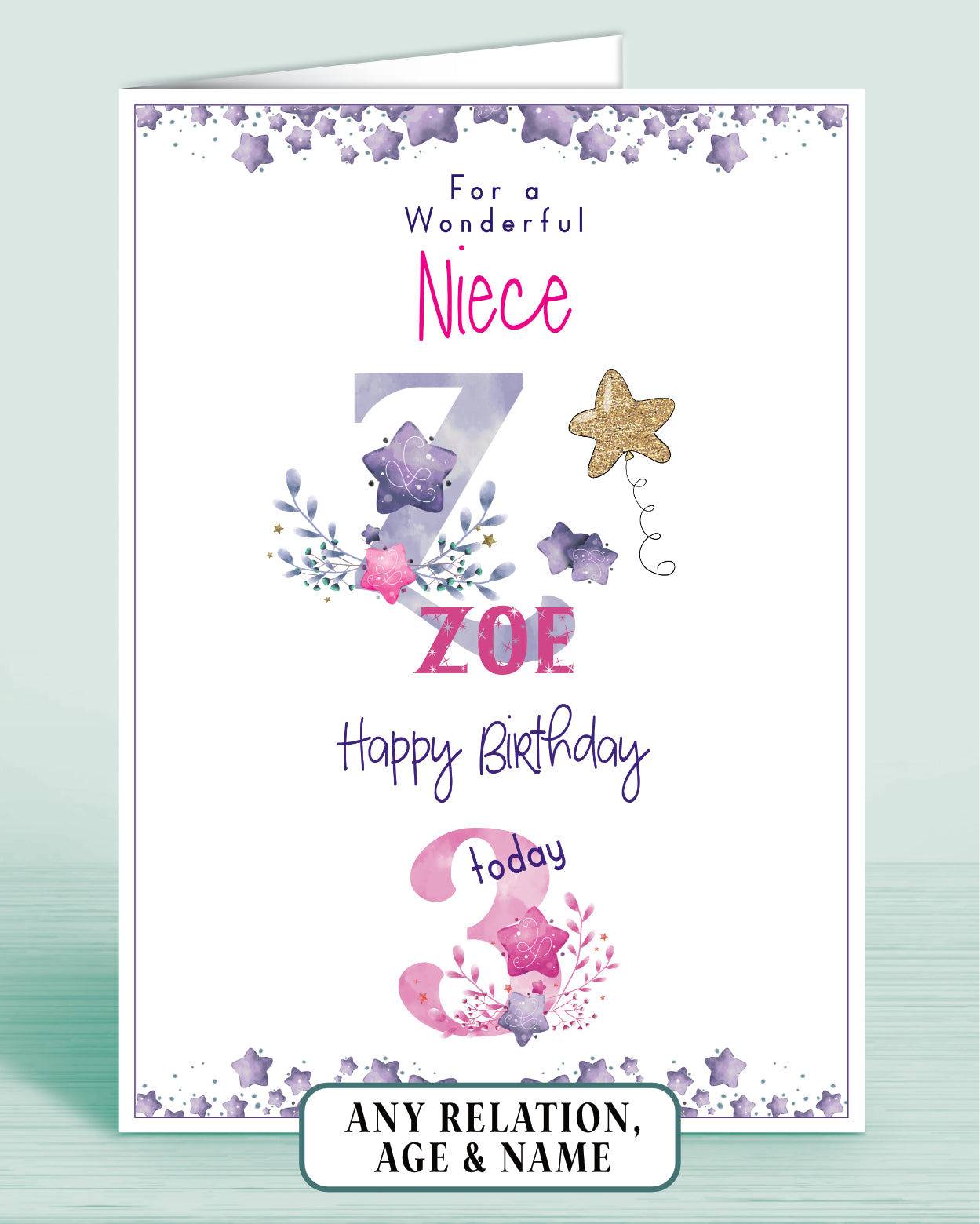 For a Wonderful Niece 3rd Birthday Card, Personalised MONOGRAM Birthday Card [Choose Age & Relation] | OLIVER ROSE DESIGNS