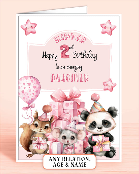 Daughter Birthday Card, 2nd Birthday Card, Cute Animals Design, Pink. Personalised with Childs Name, Any Age, Any Relation. Panda, Squirrel & Mouse | Oliver Rose Designs