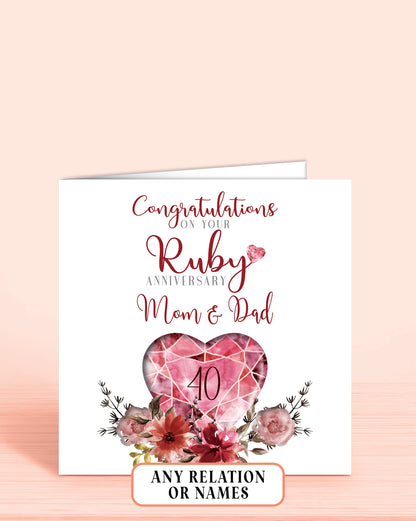 40th Ruby Anniversary Card, Congratulations on your Ruby Anniversary, Mom & Dad, 40 years