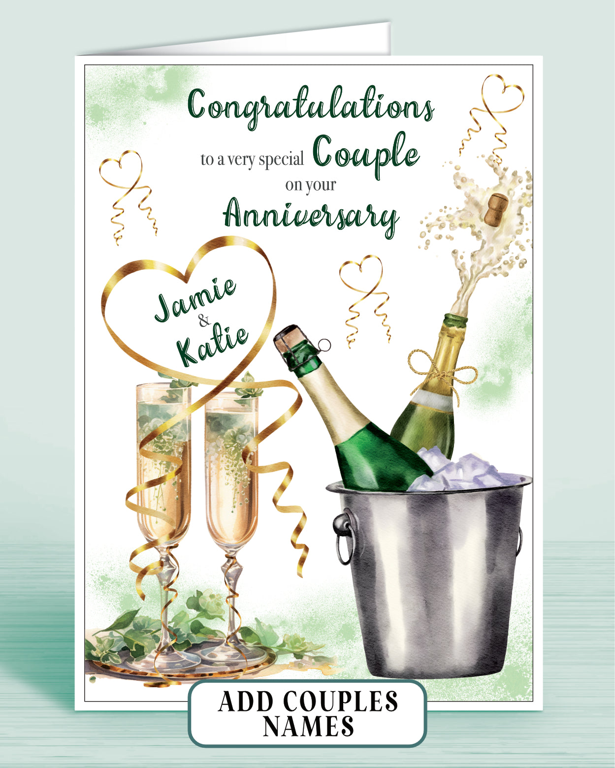 Anniversary card for a special couple with champagne bottles and glasses in shades of green on a white background with a thin outer border.