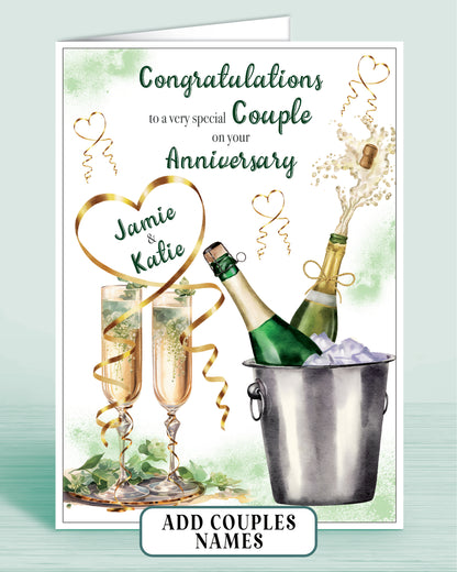Anniversary card for a special couple with champagne bottles and glasses in shades of green on a white background with a thin outer border.