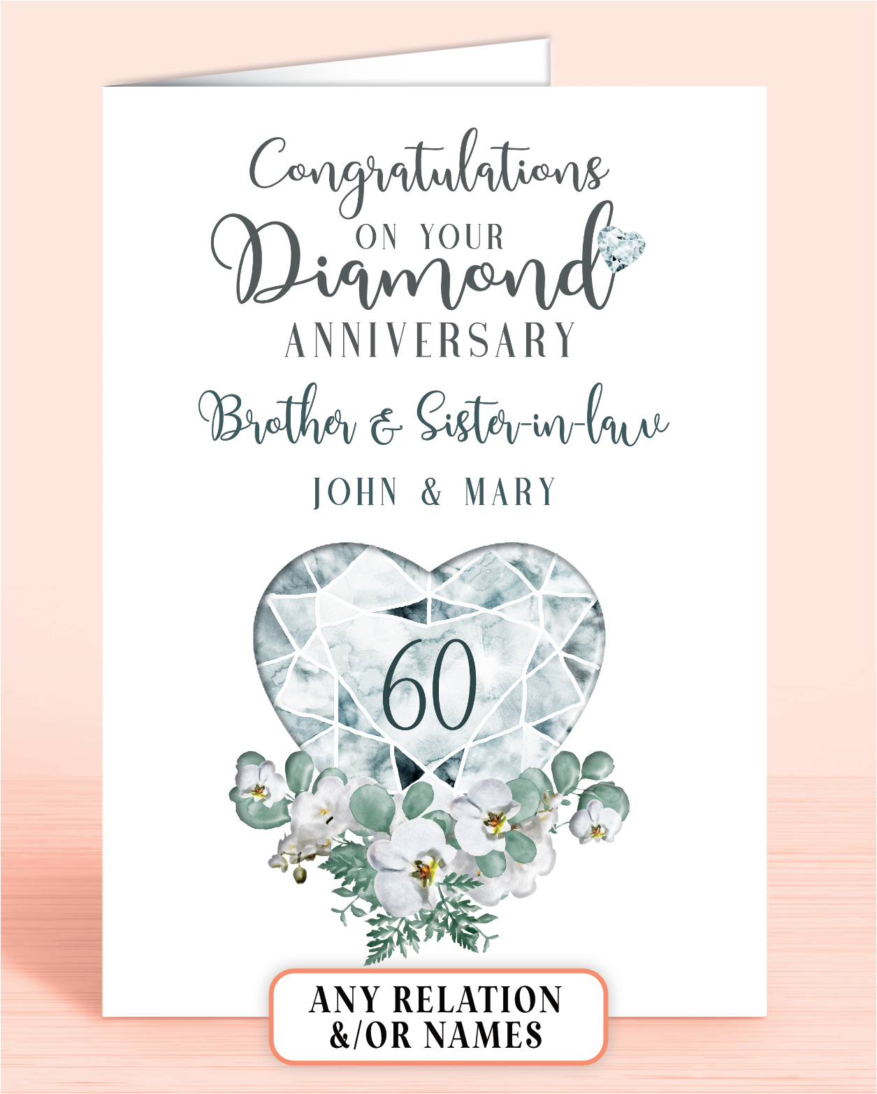 60th Diamond Wedding Anniversary Card for Brother & Sister-in-law, Congratulations on your Diamond Anniversary, Personalisation optional | Oliver Rose Designs